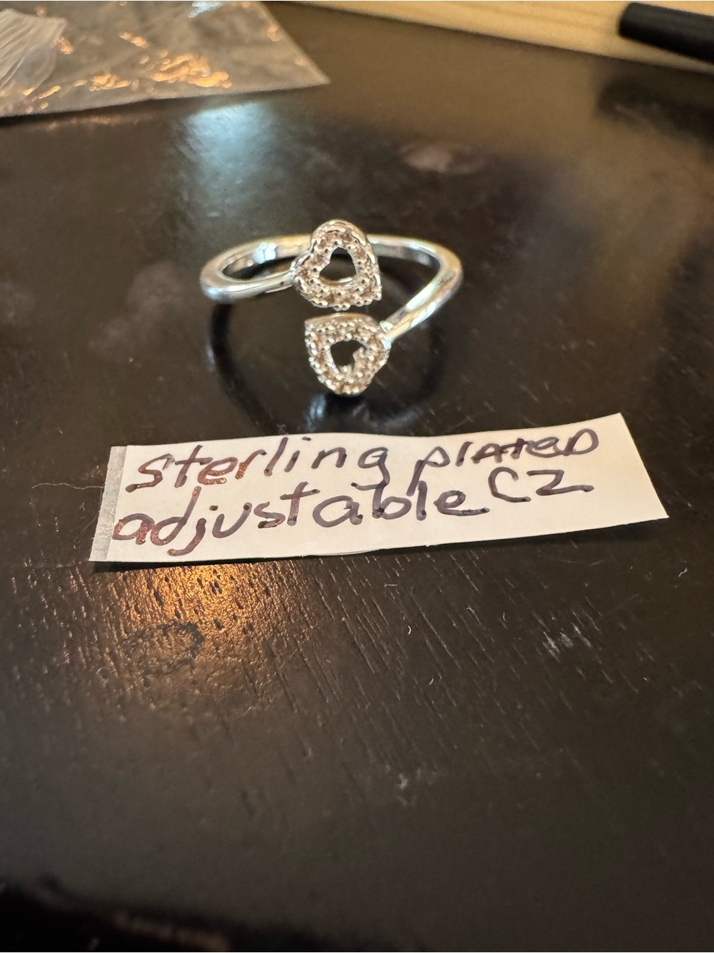 Sterling Plated Double Heart Adjustable Ring in Silver